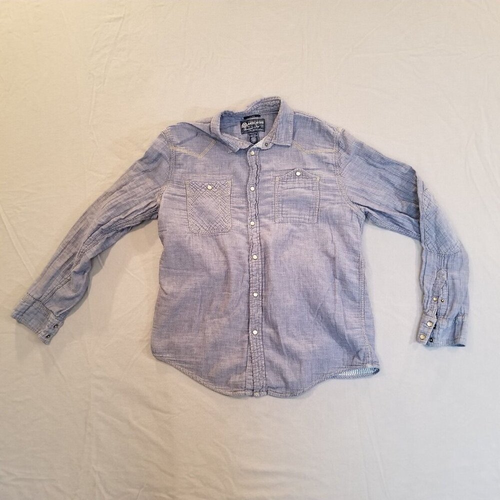 American Rag CIE Shirt Mens Large Chambray Western Pearl Snap Buttons Patches
